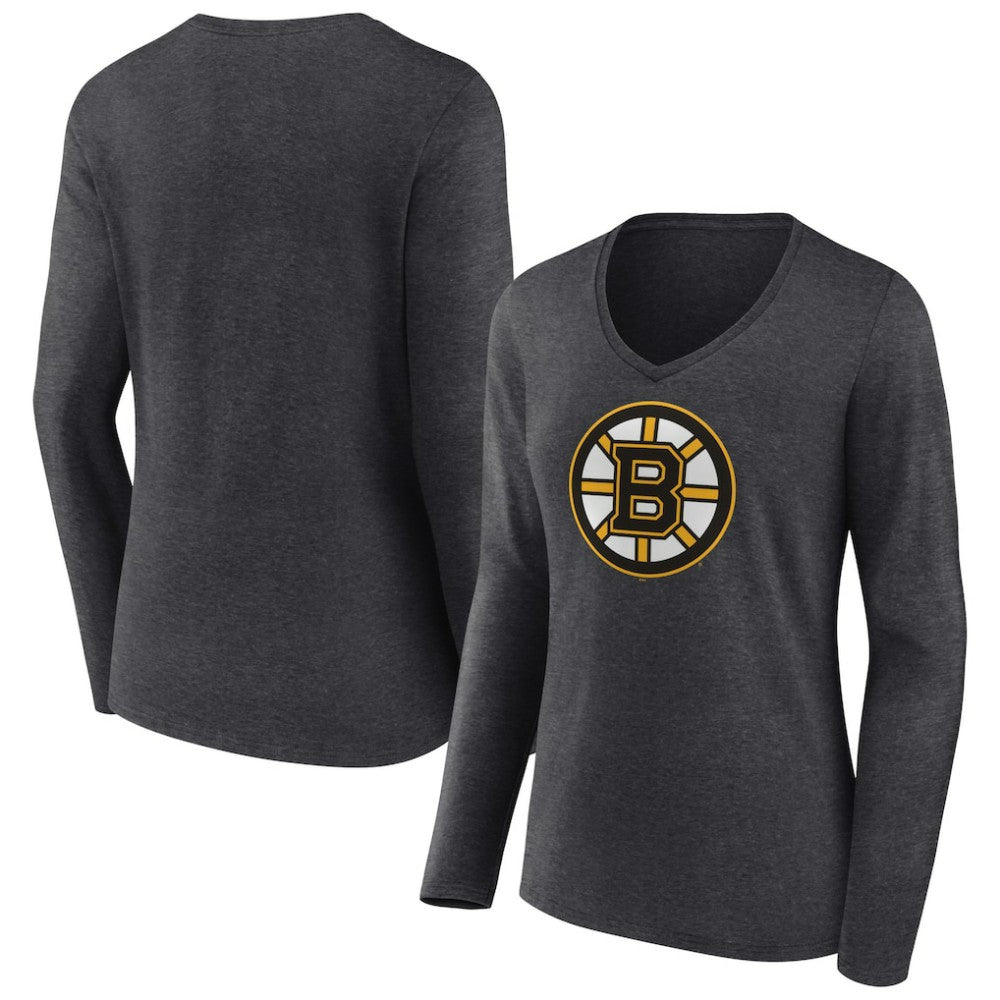 Boston Bruins Women's Primary Team Logo Long Sleeve V-Neck T-Shirt - Heather Charcoal - NHL 5221177