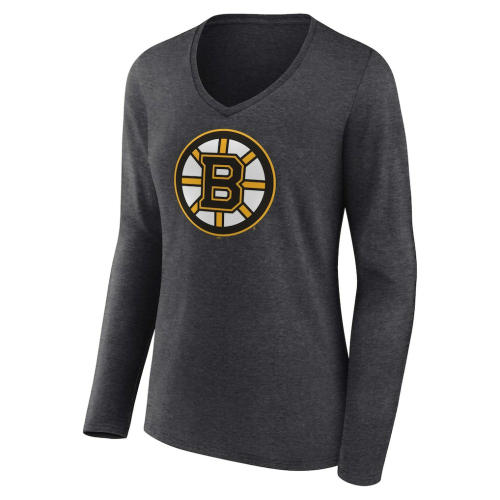 Boston Bruins Women's Primary Team Logo Long Sleeve V-Neck T-Shirt - Heather Charcoal - NHL 5221177