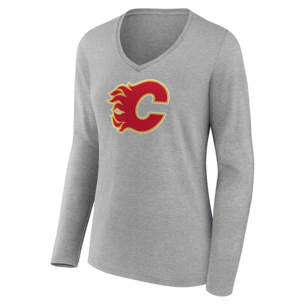 Calgary Flames Women's Primary Logo Team Long Sleeve V-Neck T-Shirt - Heather Gray - NHL 5221178