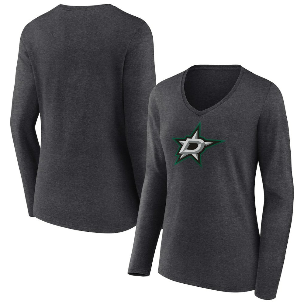 Dallas Stars Women's Primary Team Logo Long Sleeve V-Neck T-Shirt - Heather Charcoal - NHL 5221183