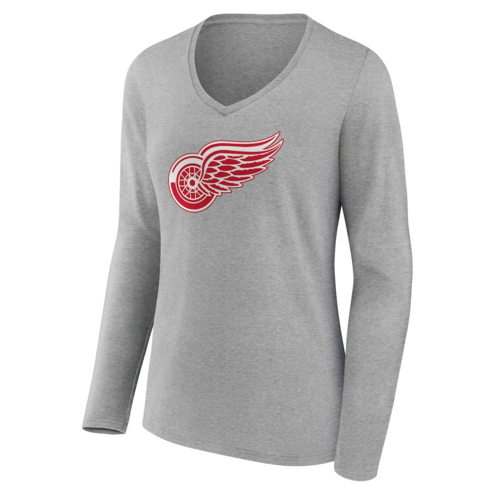 Detroit Red Wings Women's Primary Logo Team Long Sleeve V-Neck T-Shirt - Heather Gray - NHL 5221185