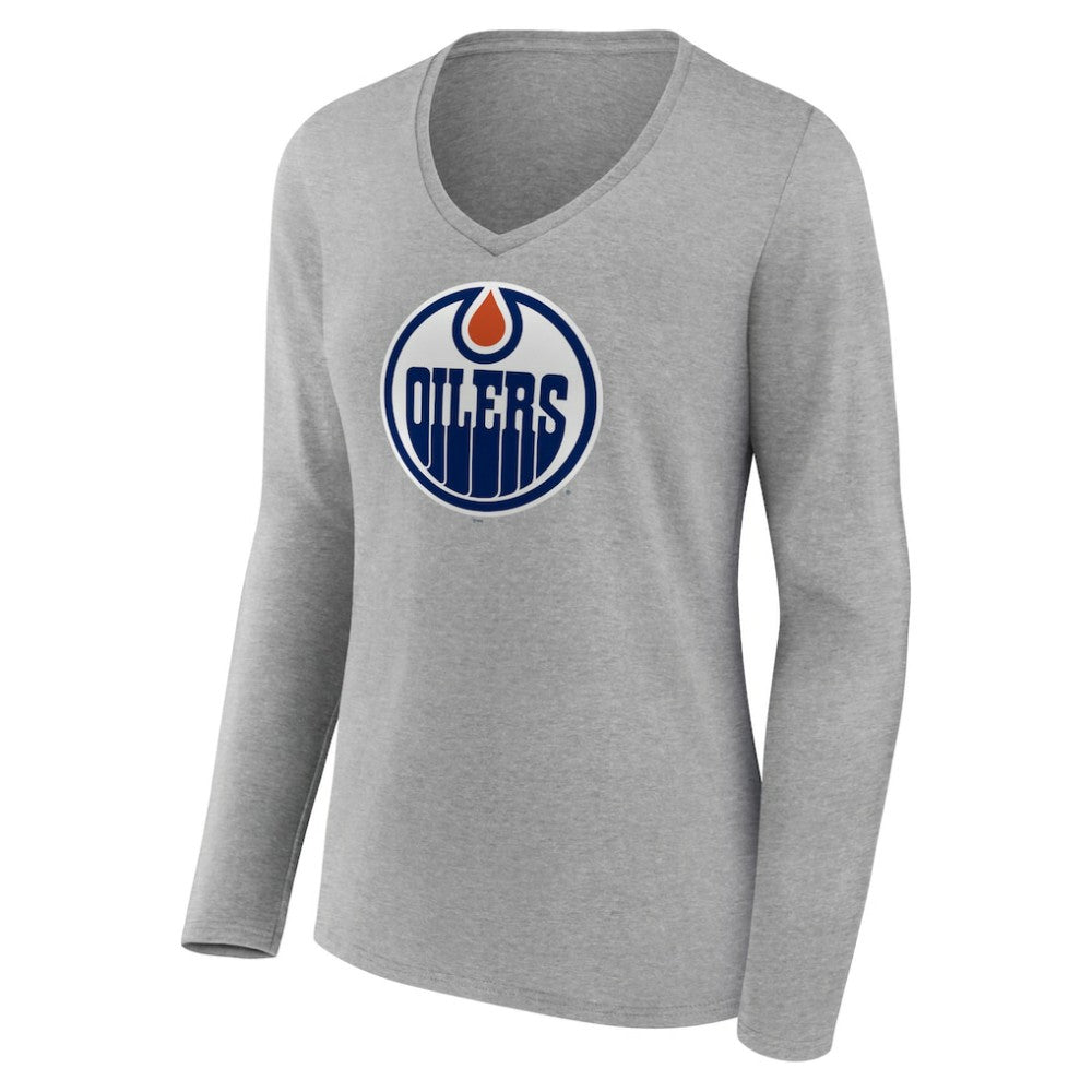 Edmonton Oilers Women's Primary Logo Team Long Sleeve V-Neck T-Shirt - Heather Gray - NHL 5221186
