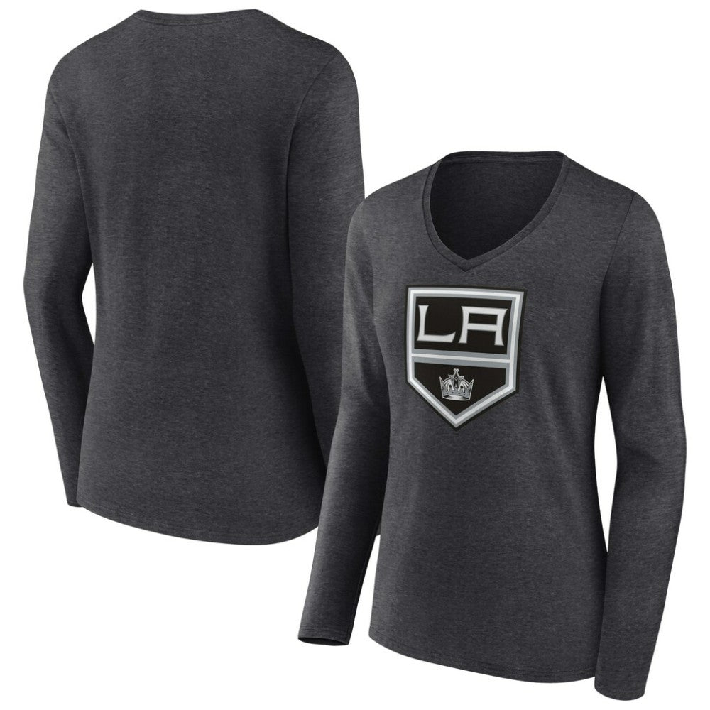 Los Angeles Kings Women's Primary Team Logo Long Sleeve V-Neck T-Shirt - Heather Charcoal - NHL 5221187