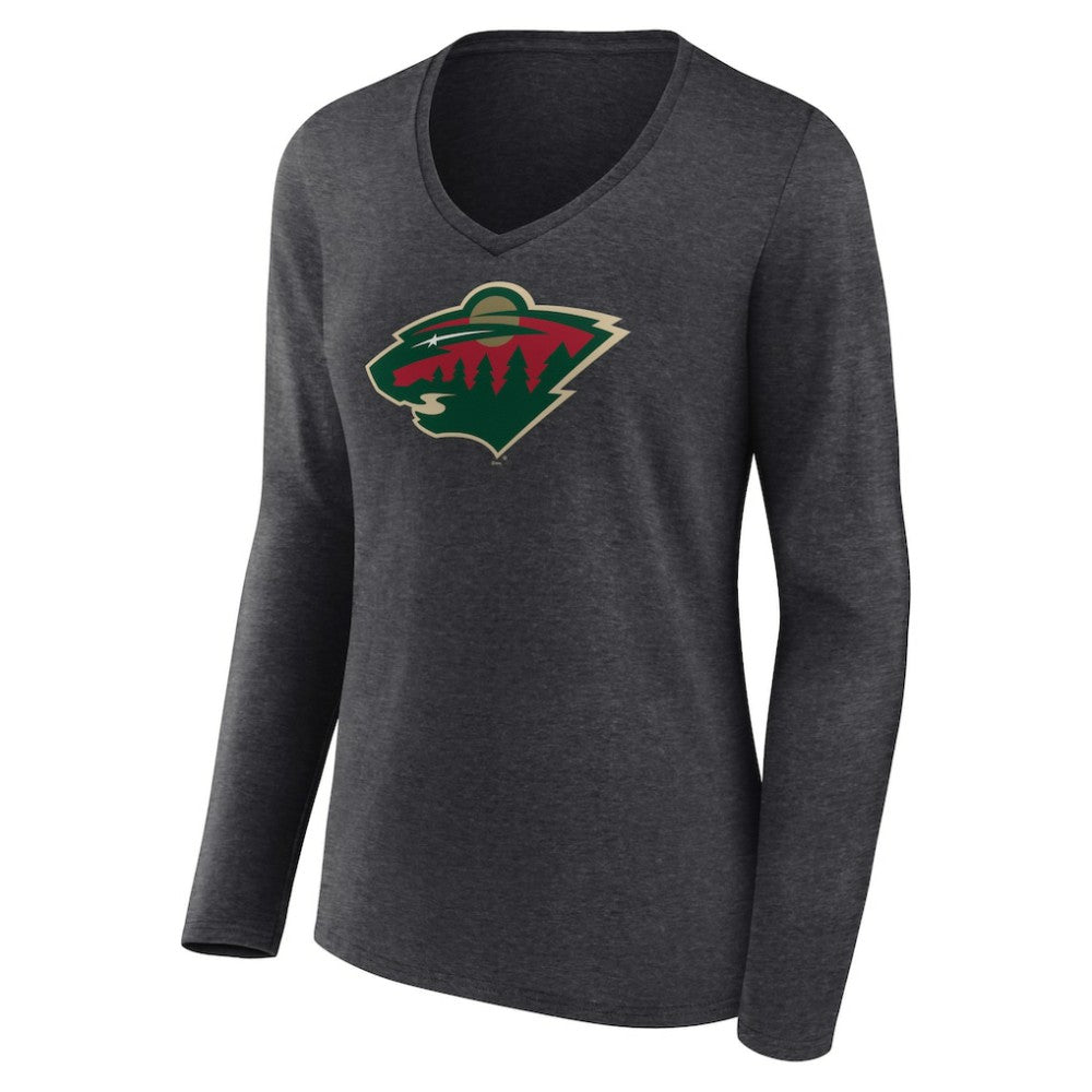 Minnesota Wild Women's Primary Team Logo Long Sleeve V-Neck T-Shirt - Heather Charcoal - NHL 5221189