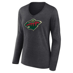 Minnesota Wild Women's Primary Team Logo Long Sleeve V-Neck T-Shirt - Heather Charcoal - NHL 5221189