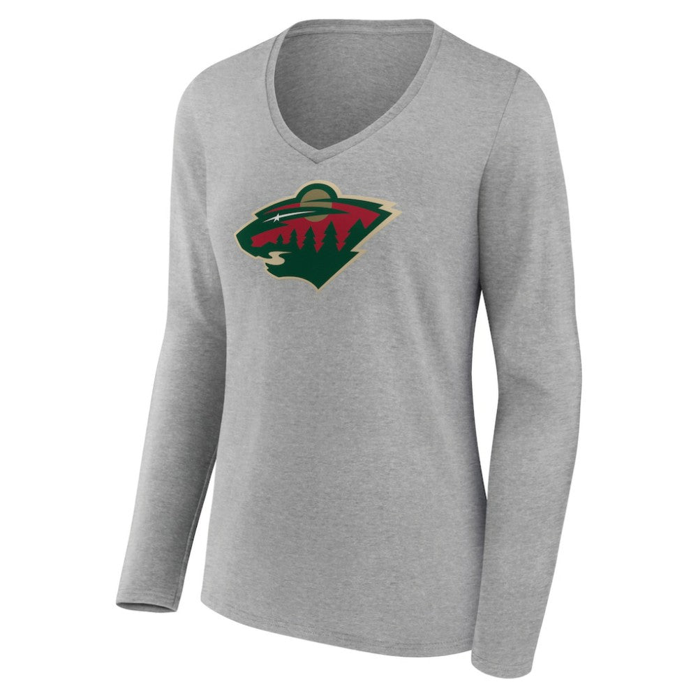 Minnesota Wild Women's Primary Logo Team Long Sleeve V-Neck T-Shirt - Heather Gray - NHL 5221190