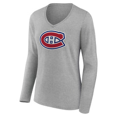Montreal Canadiens Women's Primary Logo Team Long Sleeve V-Neck T-Shirt - Heather Gray - NHL 5221191