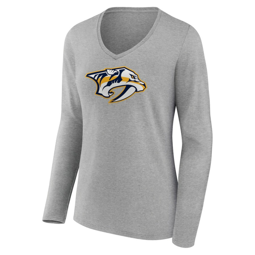 Nashville Predators Women's Primary Logo Team Long Sleeve V-Neck T-Shirt - Heather Gray - NHL 5221192
