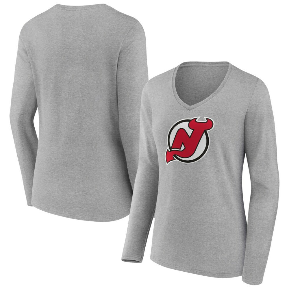 New Jersey Devils Women's Primary Logo Team Long Sleeve V-Neck T-Shirt - Heather Gray - NHL 5221193