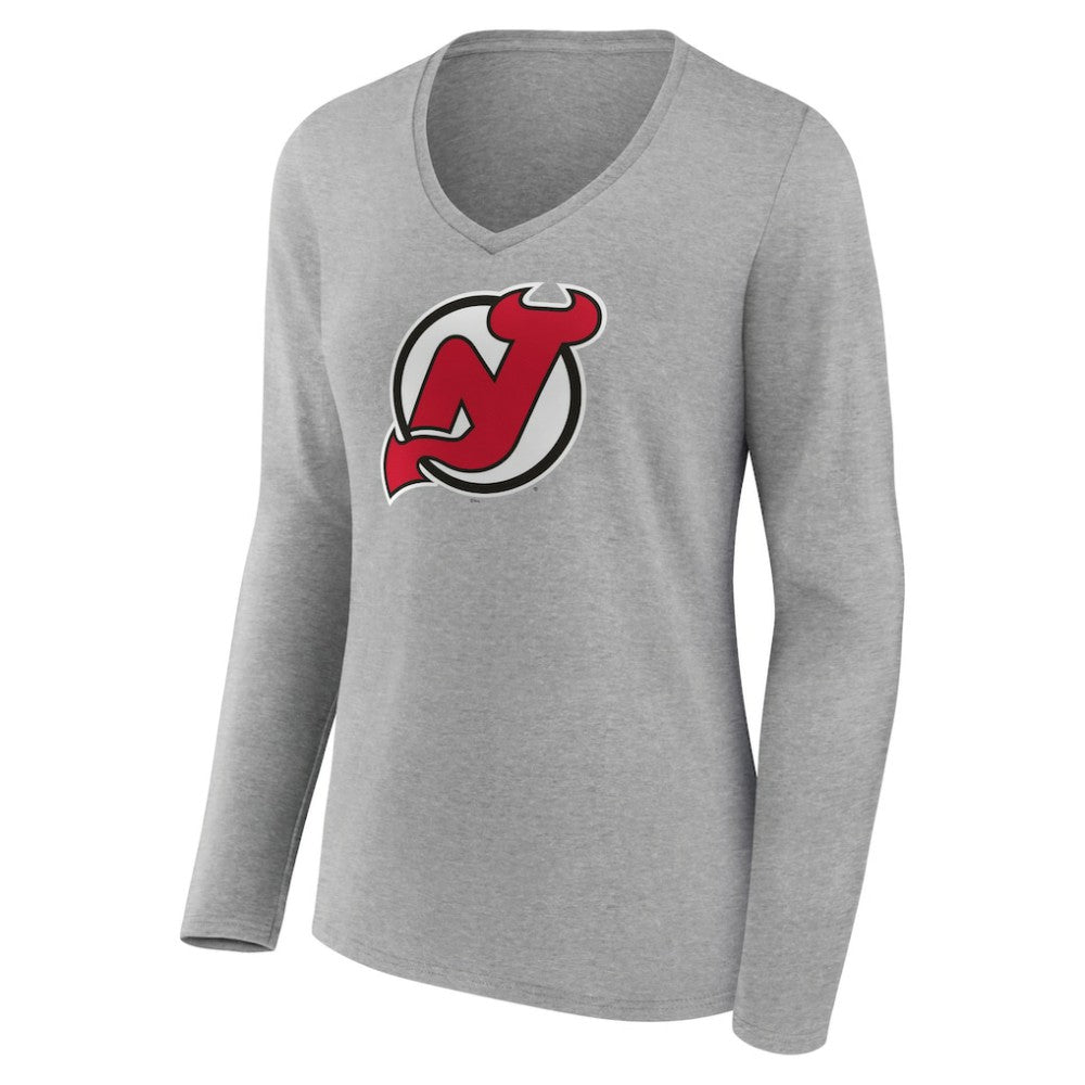 New Jersey Devils Women's Primary Logo Team Long Sleeve V-Neck T-Shirt - Heather Gray - NHL 5221193