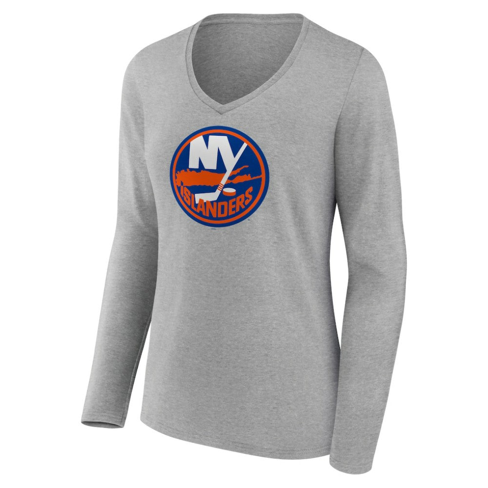 New York Islanders Women's Primary Logo Team Long Sleeve V-Neck T-Shirt - Heather Gray - NHL 5221194
