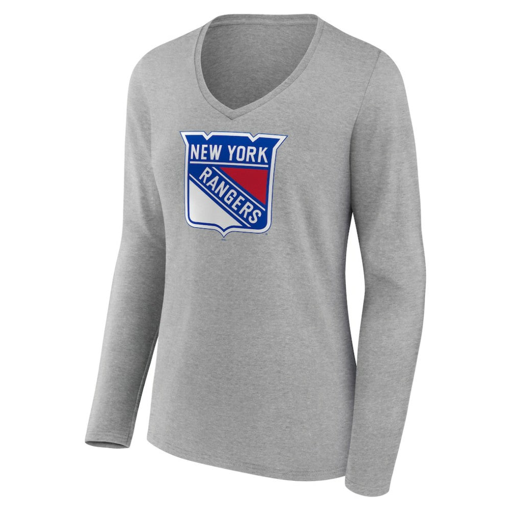 New York Rangers Women's Primary Logo Team Long Sleeve V-Neck T-Shirt - Heather Gray - NHL 5221195