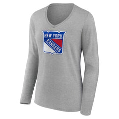 New York Rangers Women's Primary Logo Team Long Sleeve V-Neck T-Shirt - Heather Gray - NHL 5221195