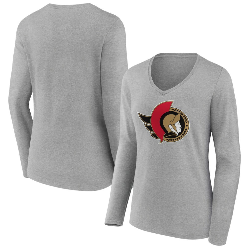 Ottawa Senators Women's Primary Logo Team Long Sleeve V-Neck T-Shirt - Heather Gray - NHL 5221196