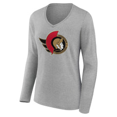 Ottawa Senators Women's Primary Logo Team Long Sleeve V-Neck T-Shirt - Heather Gray - NHL 5221196