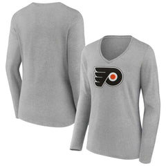 Philadelphia Flyers Women's Primary Logo Team Long Sleeve V-Neck T-Shirt - Heather Gray - NHL 5221197