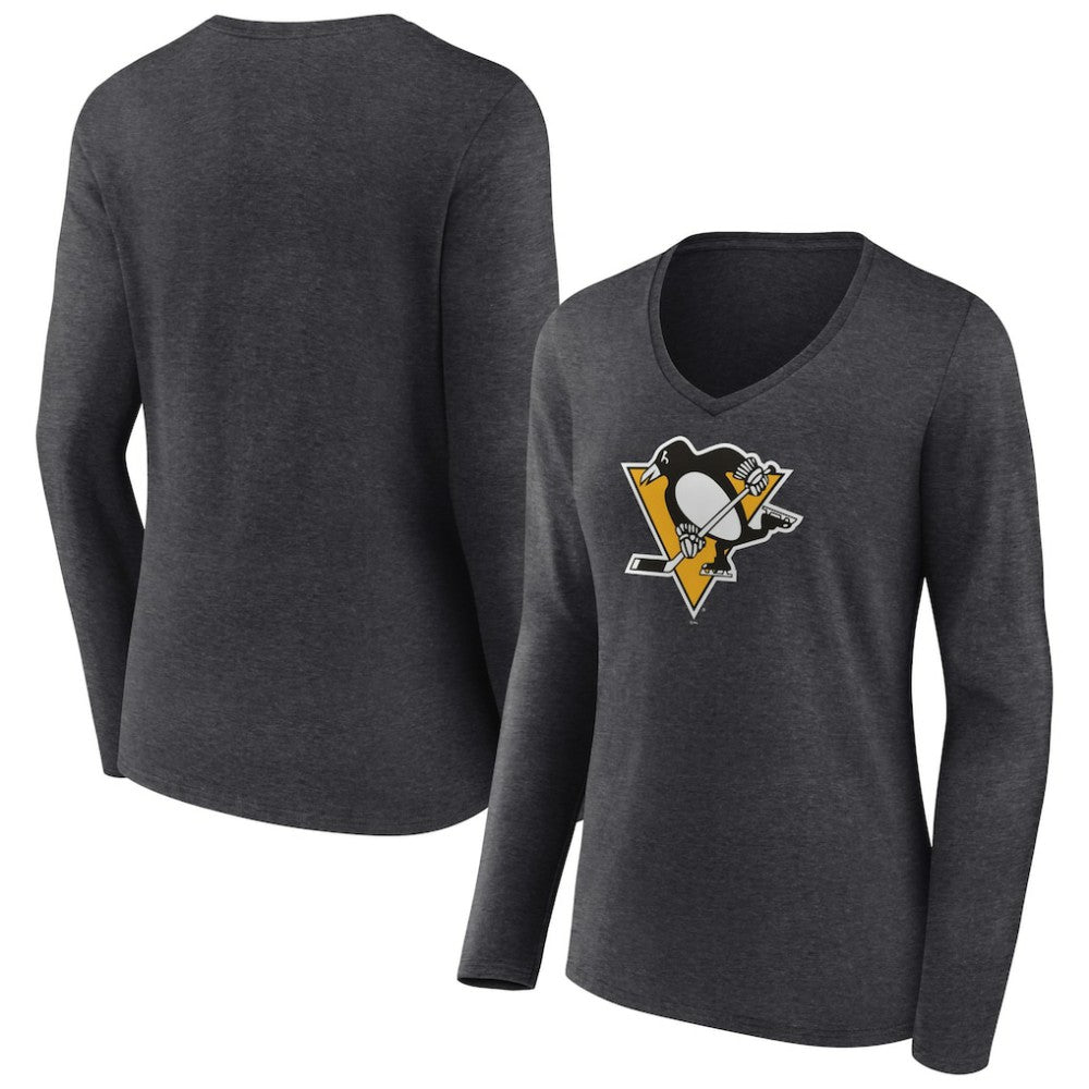 Pittsburgh Penguins Women's Primary Team Logo Long Sleeve V-Neck T-Shirt - Heather Charcoal - NHL 5221198