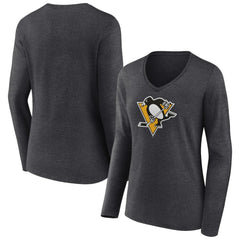 Pittsburgh Penguins Women's Primary Team Logo Long Sleeve V-Neck T-Shirt - Heather Charcoal - NHL 5221198
