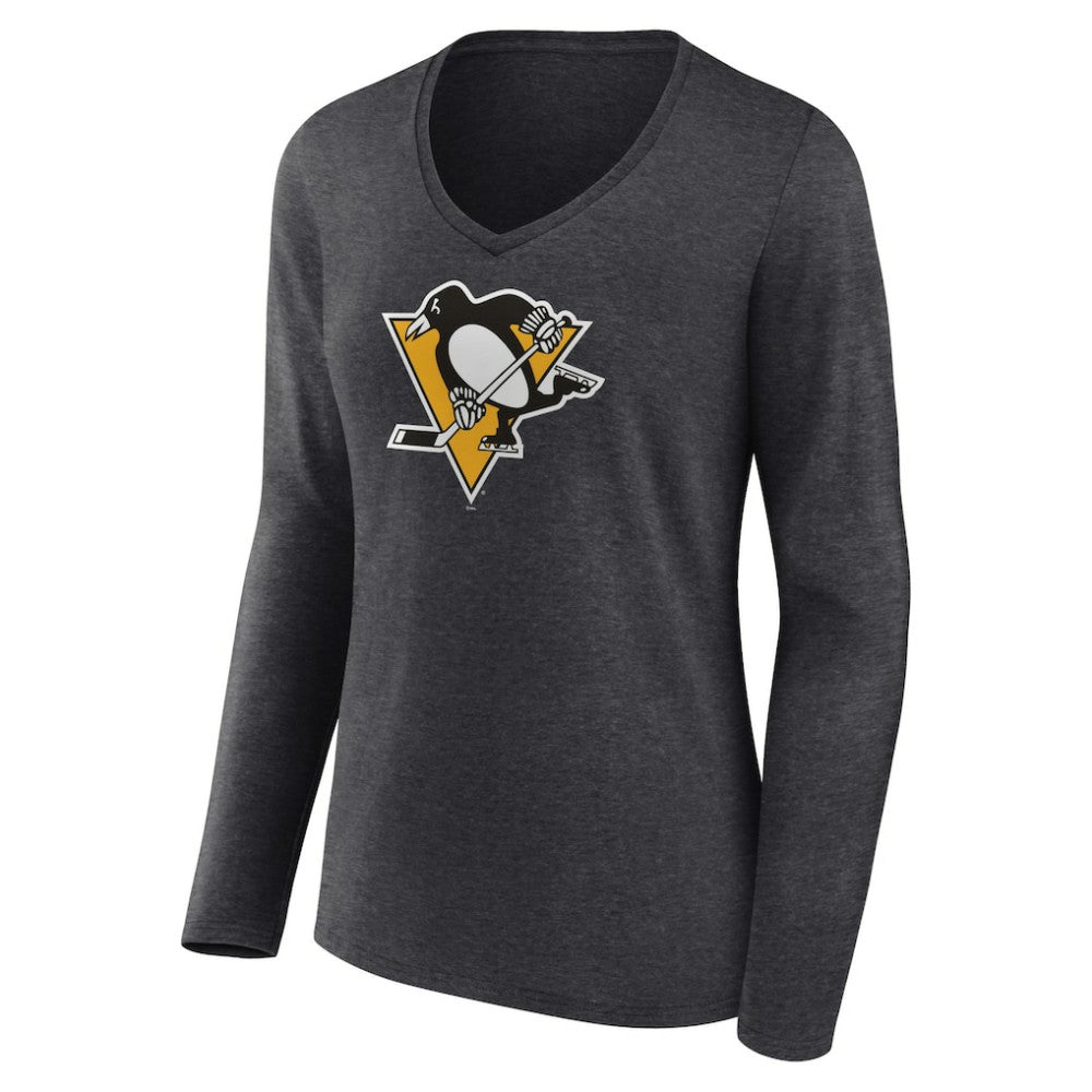 Pittsburgh Penguins Women's Primary Team Logo Long Sleeve V-Neck T-Shirt - Heather Charcoal - NHL 5221198