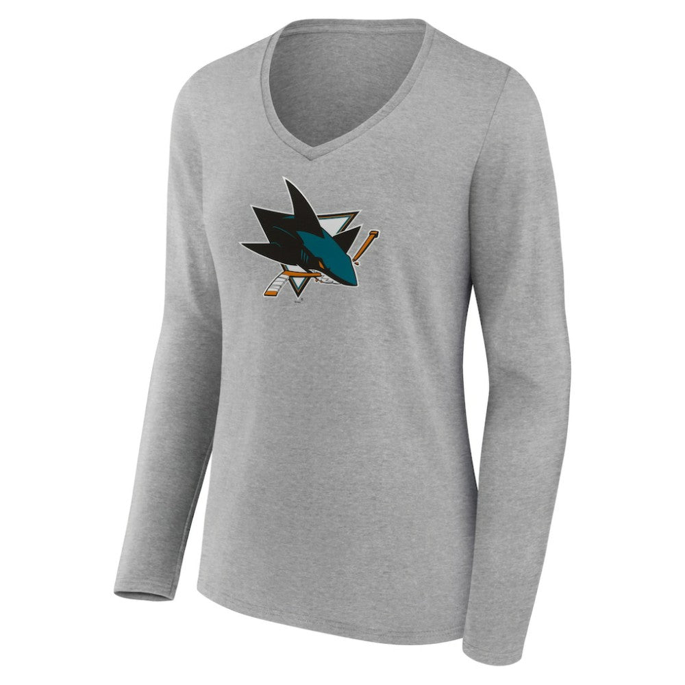 San Jose Sharks Women's Primary Logo Team Long Sleeve V-Neck T-Shirt - Heather Gray - NHL 5221199