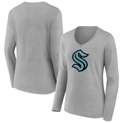 Seattle Kraken Women's Primary Logo Team Long Sleeve V-Neck T-Shirt - Heather Gray - NHL 5221200