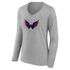 Washington Capitals Women's Primary Logo Team Long Sleeve V-Neck T-Shirt - Heather Gray - NHL 5221205