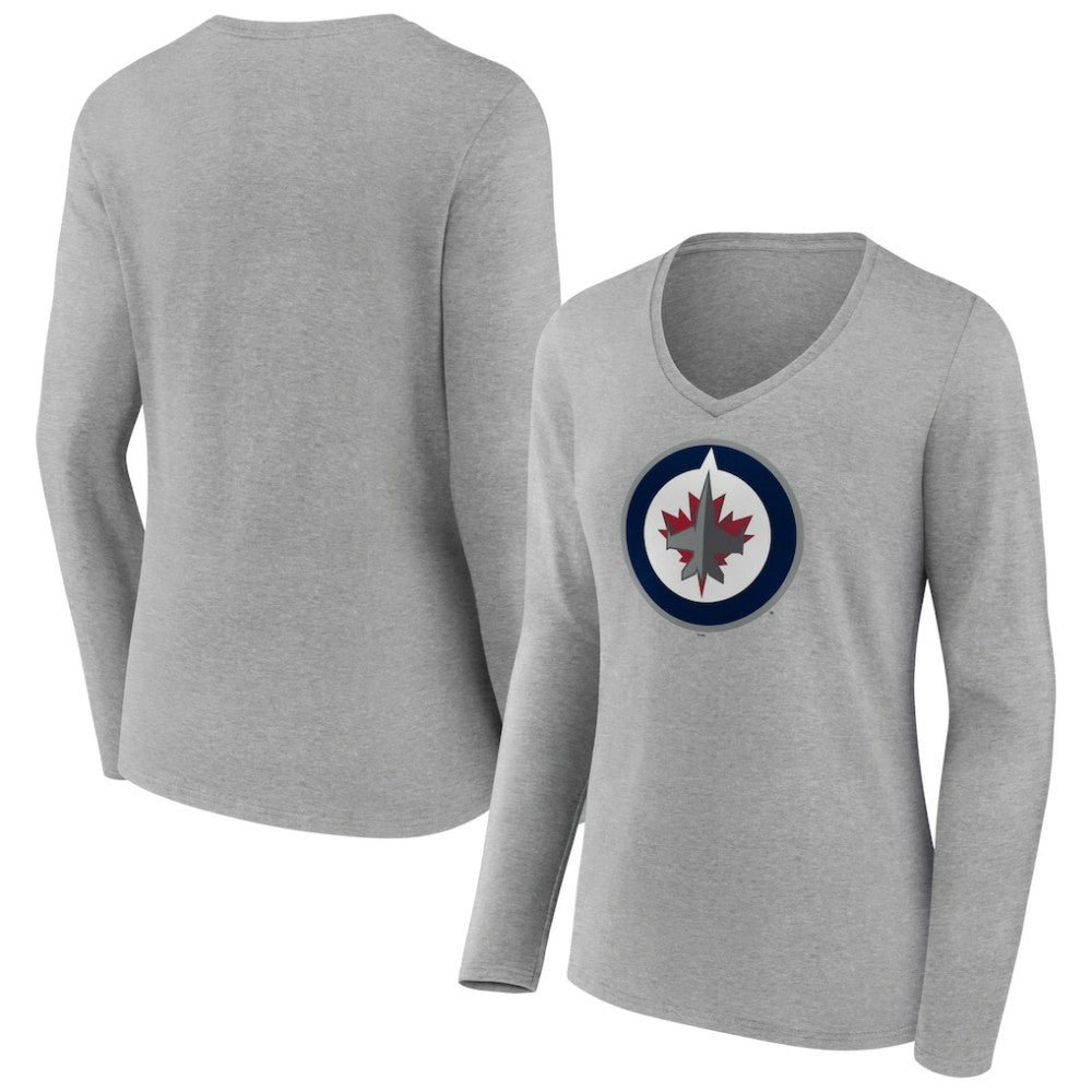 Winnipeg Jets Women's Primary Logo Team Long Sleeve V-Neck T-Shirt - Heather Gray - NHL 5221206