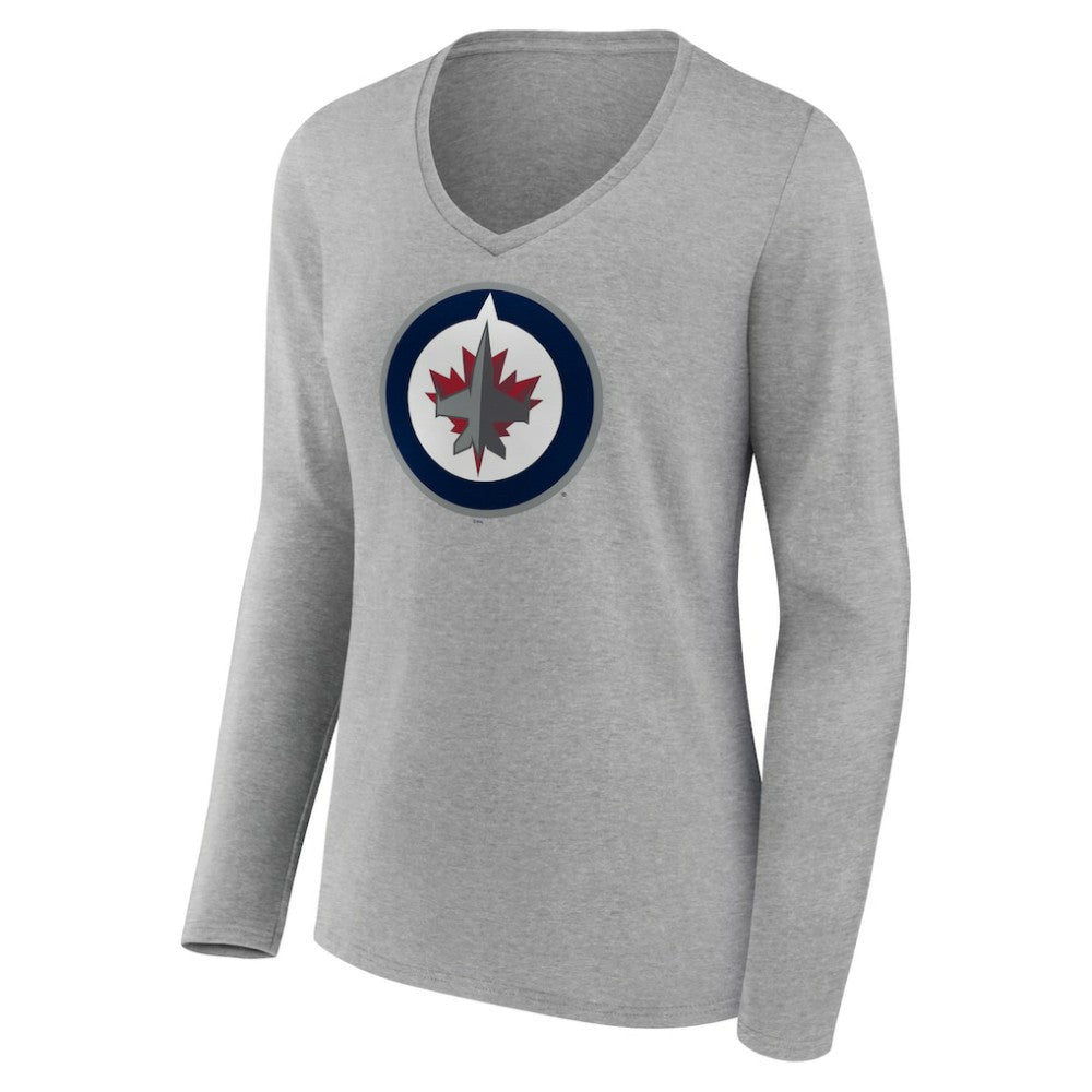 Winnipeg Jets Women's Primary Logo Team Long Sleeve V-Neck T-Shirt - Heather Gray - NHL 5221206