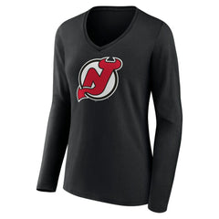 New Jersey Devils Women's Primary Team Logo Long Sleeve V-Neck T-Shirt - Black - NHL 5221237