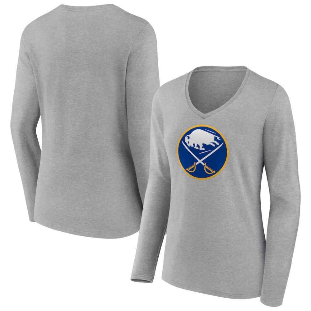 Buffalo Sabres Women's Primary Logo Team Long Sleeve V-Neck T-Shirt - Heather Gray - NHL 5221241