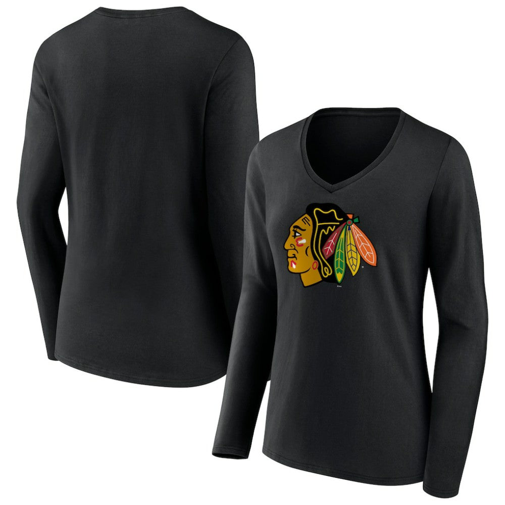 Chicago Blackhawks Women's Primary Team Logo Long Sleeve V-Neck T-Shirt - Black - NHL 5221243