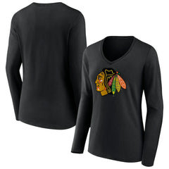 Chicago Blackhawks Women's Primary Team Logo Long Sleeve V-Neck T-Shirt - Black - NHL 5221243