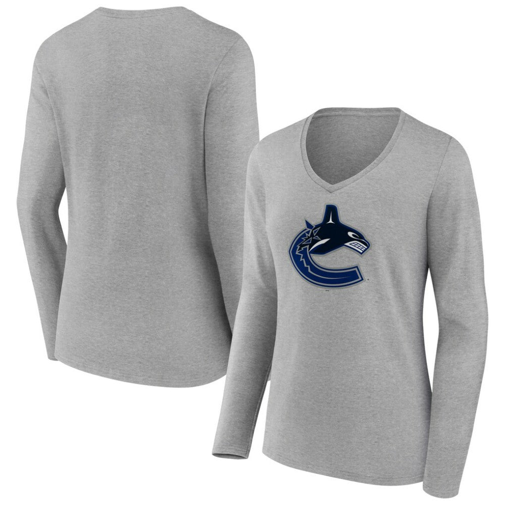 Vancouver Canucks Women's Primary Logo Team Long Sleeve V-Neck T-Shirt - Heather Gray - NHL 5221244