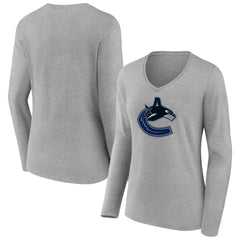 Vancouver Canucks Women's Primary Logo Team Long Sleeve V-Neck T-Shirt - Heather Gray - NHL 5221244