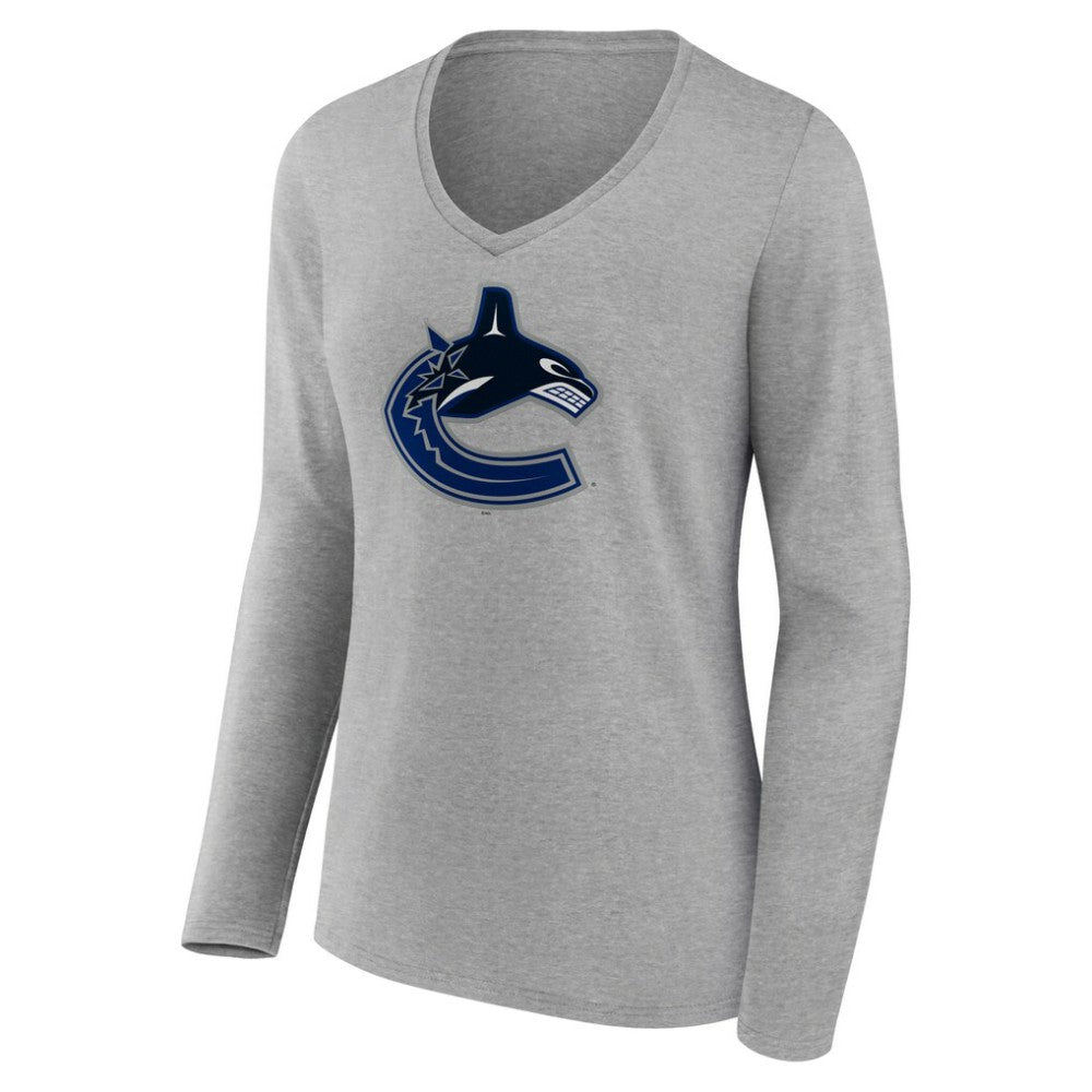 Vancouver Canucks Women's Primary Logo Team Long Sleeve V-Neck T-Shirt - Heather Gray - NHL 5221244