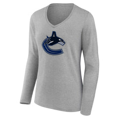 Vancouver Canucks Women's Primary Logo Team Long Sleeve V-Neck T-Shirt - Heather Gray - NHL 5221244
