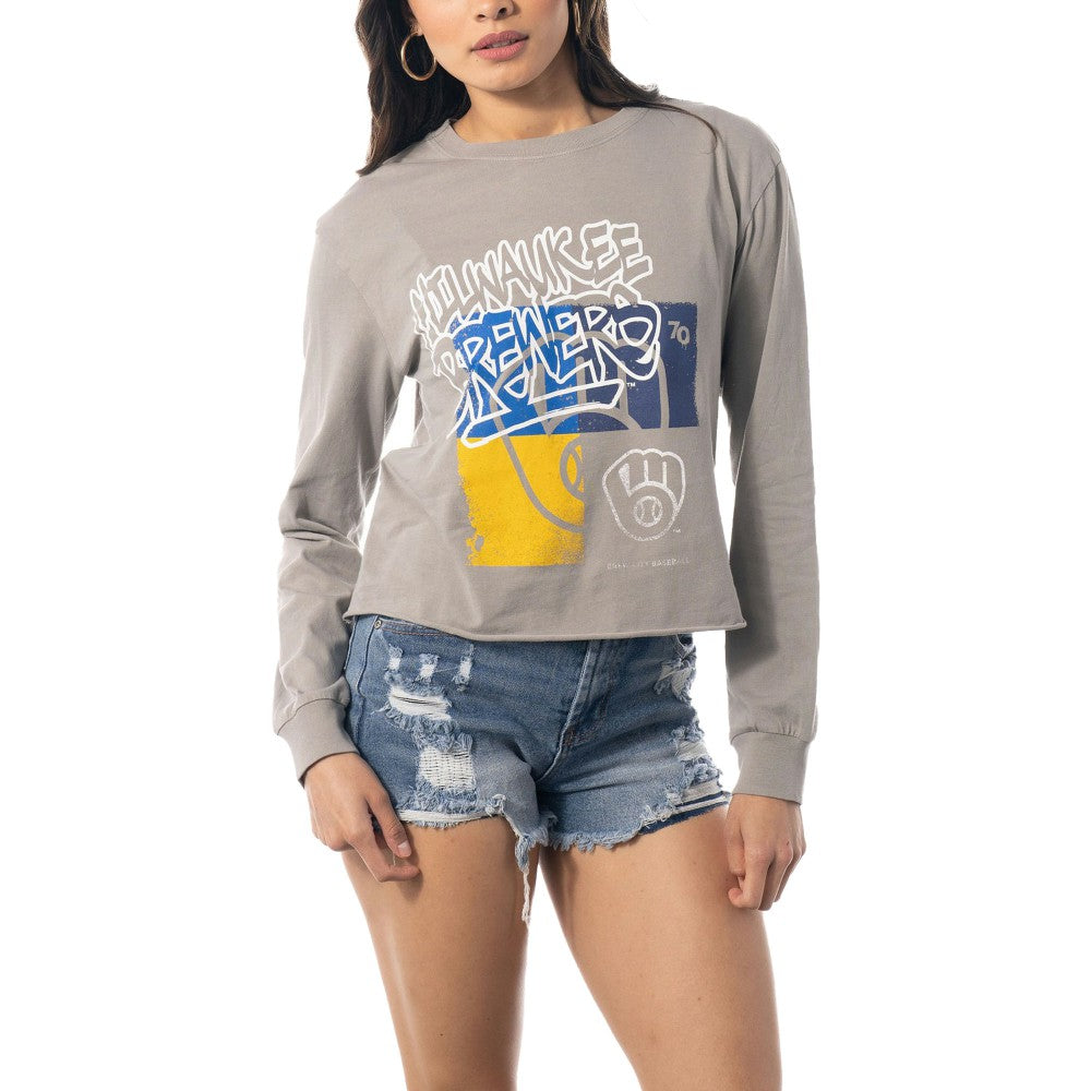 Milwaukee Brewers The Wild Collective Women's Cropped Long Sleeve T-Shirt - Gray - MLB on Sale