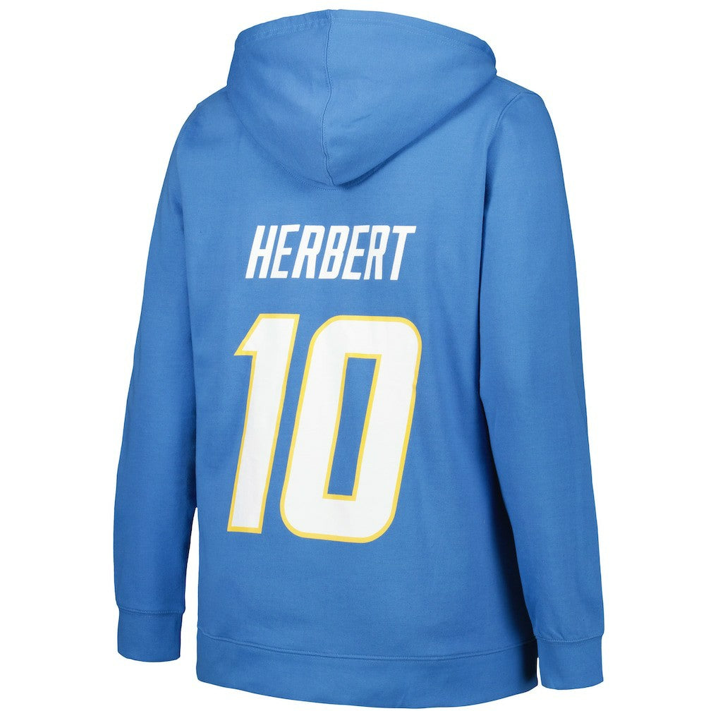 Justin Herbert Los Angeles Chargers Profile Women's Plus Size Player Name & Number Pullover Hoodie Powder Blue