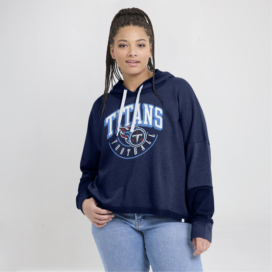 Fanatics Tennessee Titans Women's Lightewight Modest Crop Lounge Helmet Arch Pullover Hoodie Navy