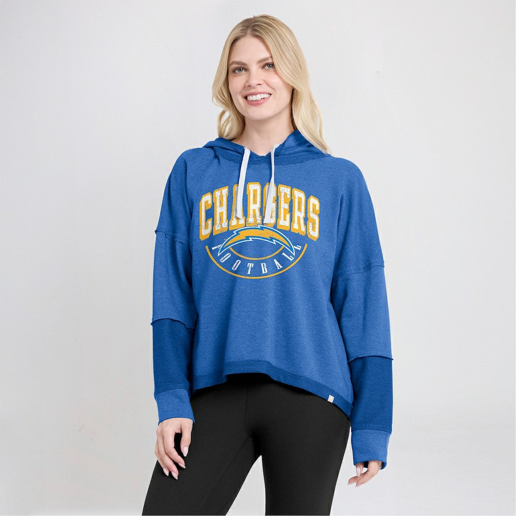 Fanatics Los Angeles Chargers Women's Lightewight Modest Crop Lounge Helmet Arch Pullover Hoodie Powder Blue