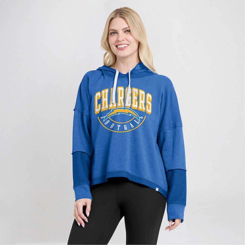 Fanatics Los Angeles Chargers Women's Lightewight Modest Crop Lounge Helmet Arch Pullover Hoodie Powder Blue