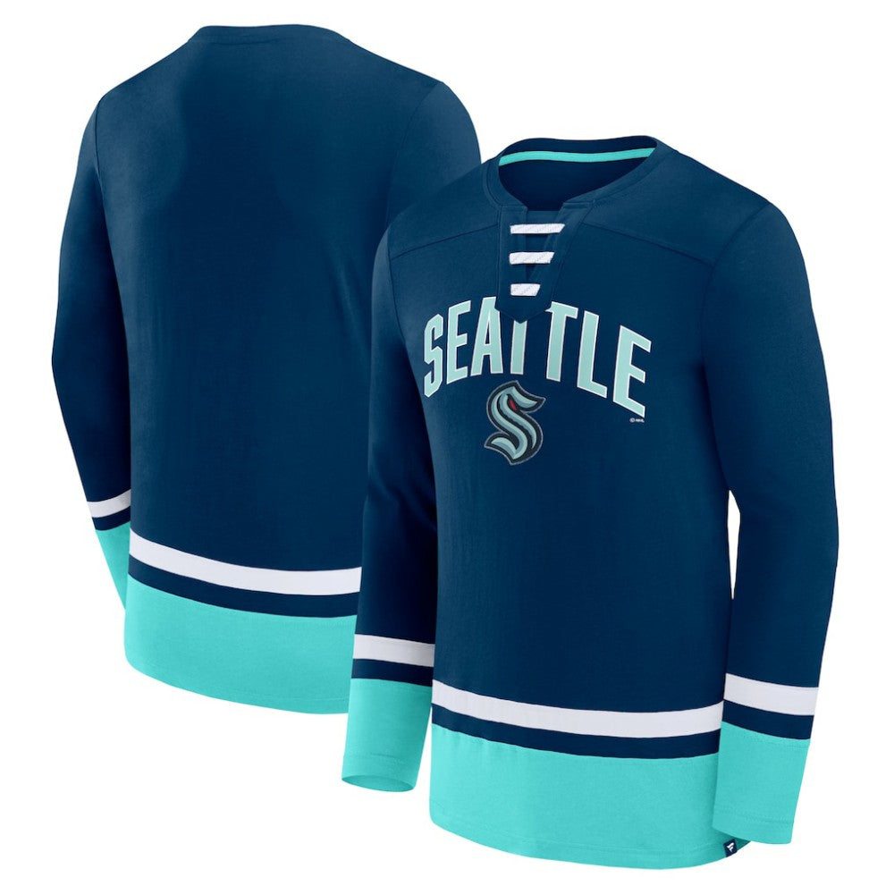 Seattle Kraken Fanatics Back Pass Lace-Up Long Sleeve T-Shirt - Deep Sea Blue - NHL 5237185