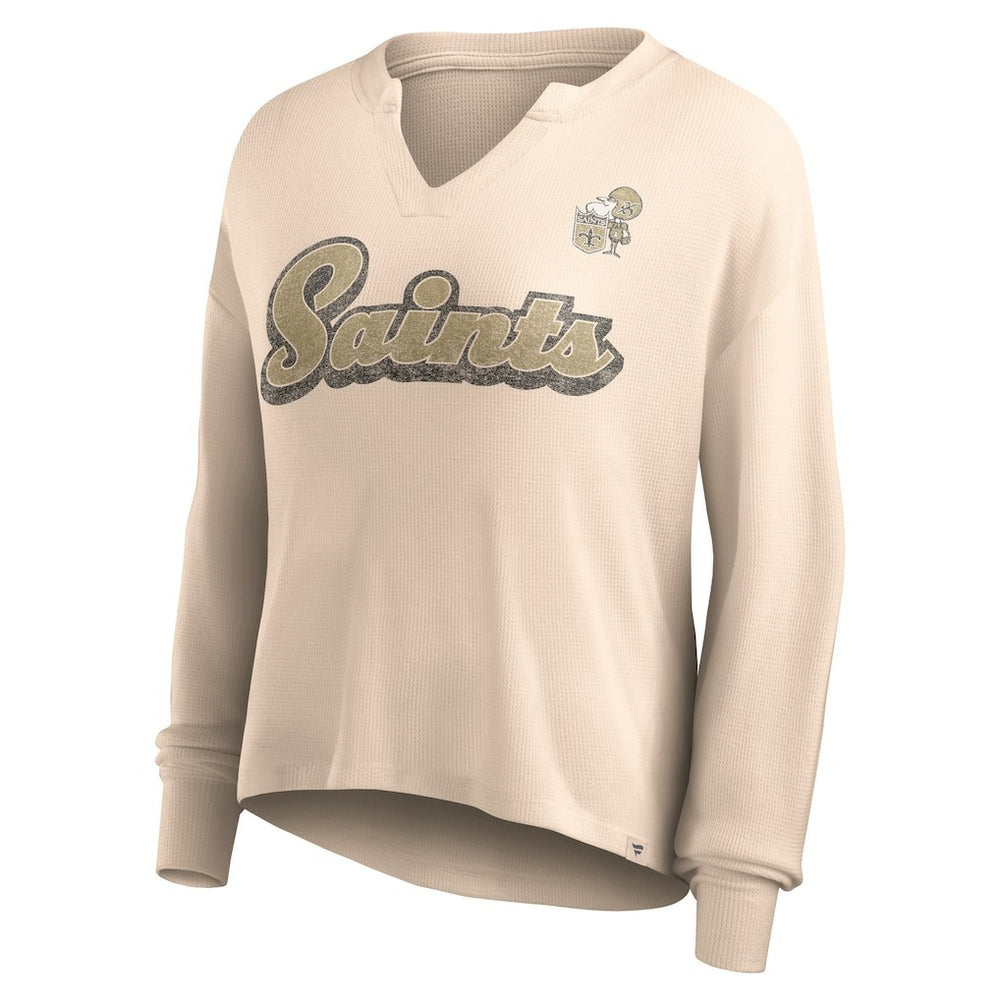 Fanatics New Orleans Saints Women's Go For It Notch Neck Waffle Knit Lightweight Long Sleeve T-Shirt Tan