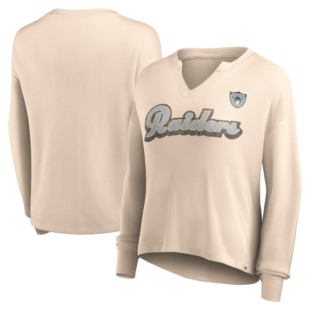 Fanatics Las Vegas Raiders Women's Go For It Notch Neck Waffle Knit Lightweight Long Sleeve T-Shirt Tan