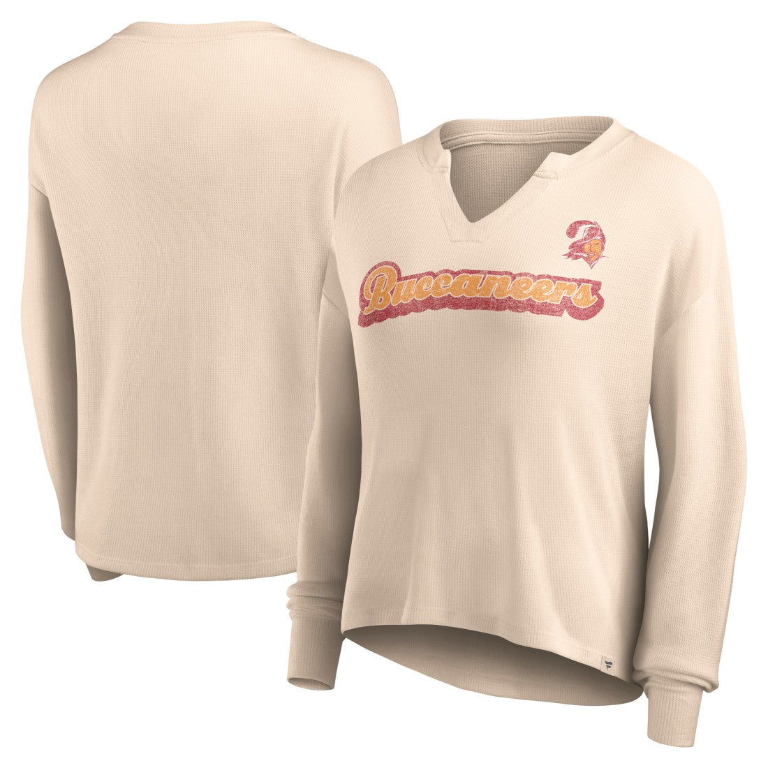 Fanatics Tampa Bay Buccaneers Women's Go For It Notch Neck Waffle Knit Lightweight Long Sleeve T-Shirt Tan