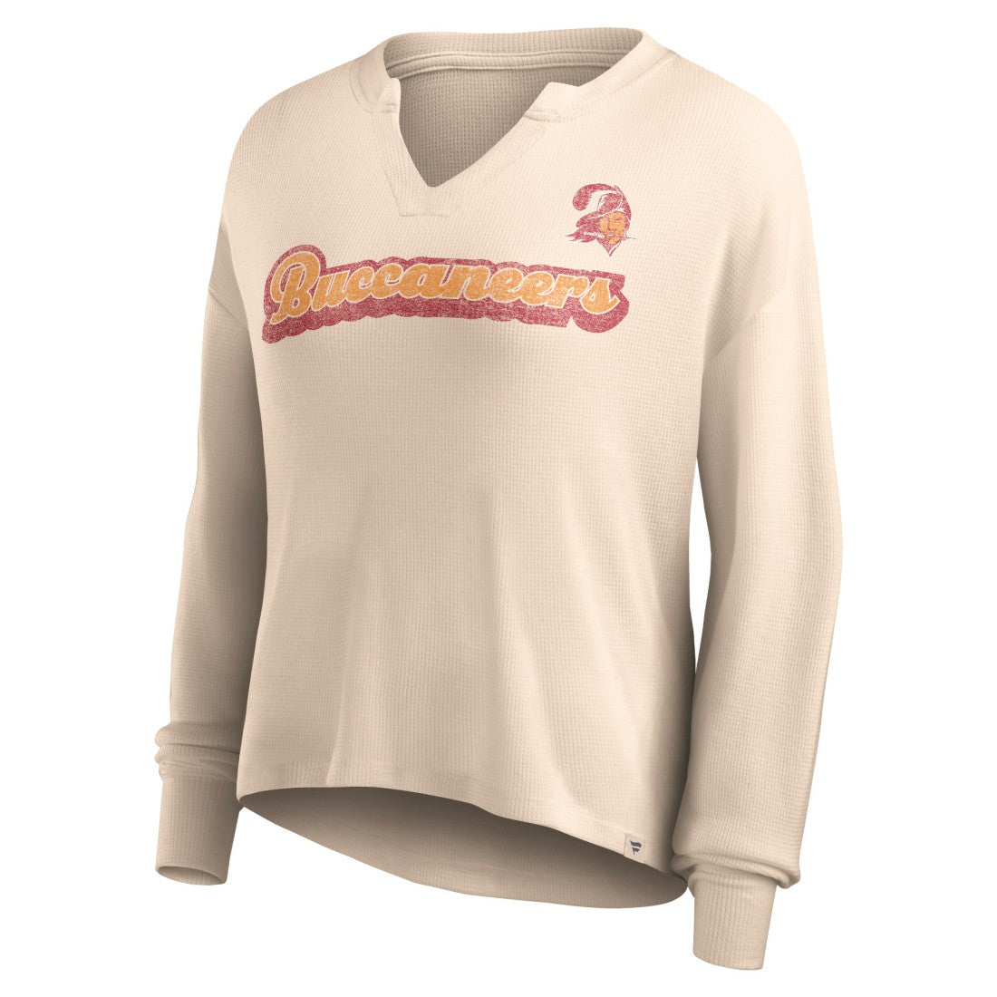 Fanatics Tampa Bay Buccaneers Women's Go For It Notch Neck Waffle Knit Lightweight Long Sleeve T-Shirt Tan