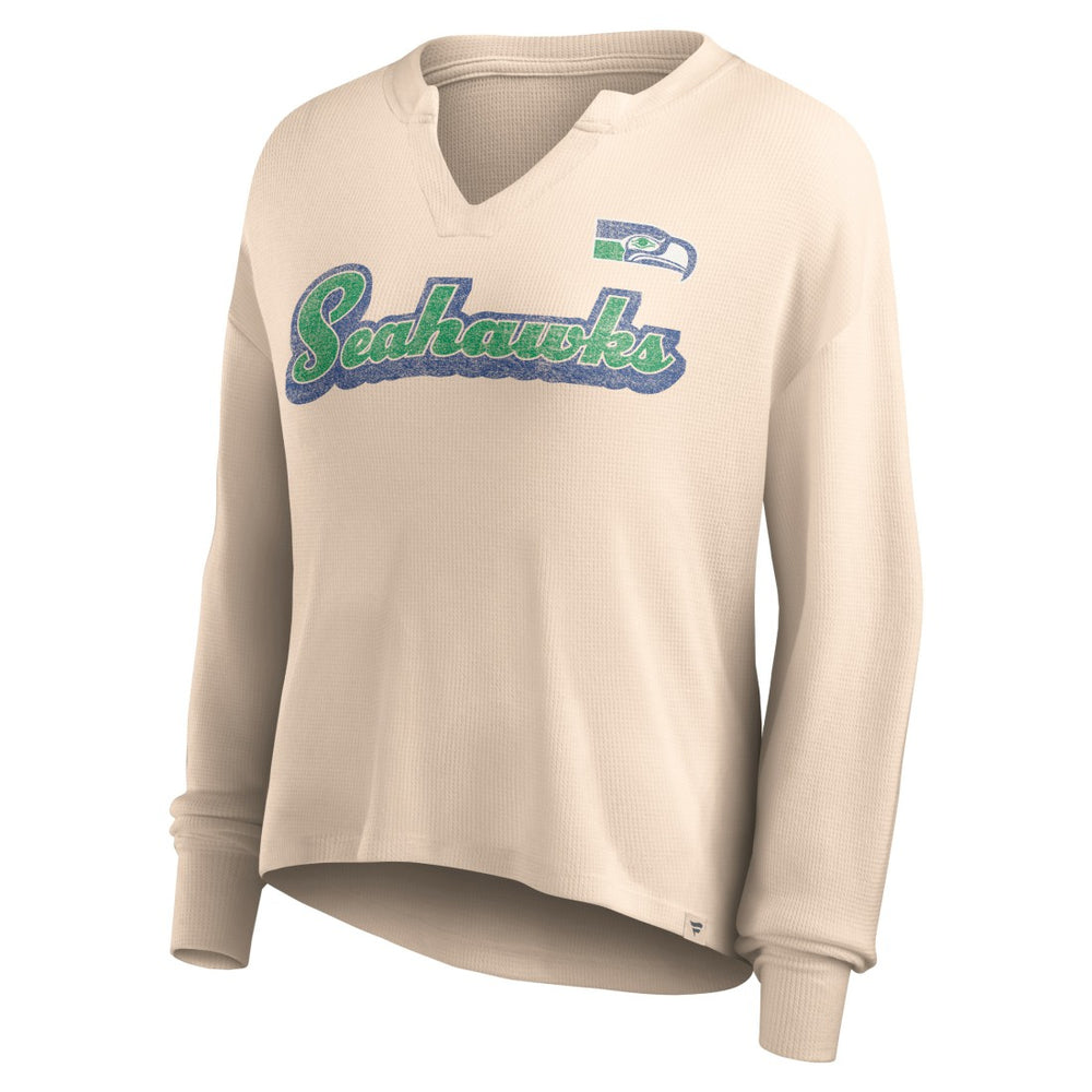 Fanatics Seattle Seahawks Women's Go For It Notch Neck Waffle Knit Lightweight Long Sleeve T-Shirt Tan