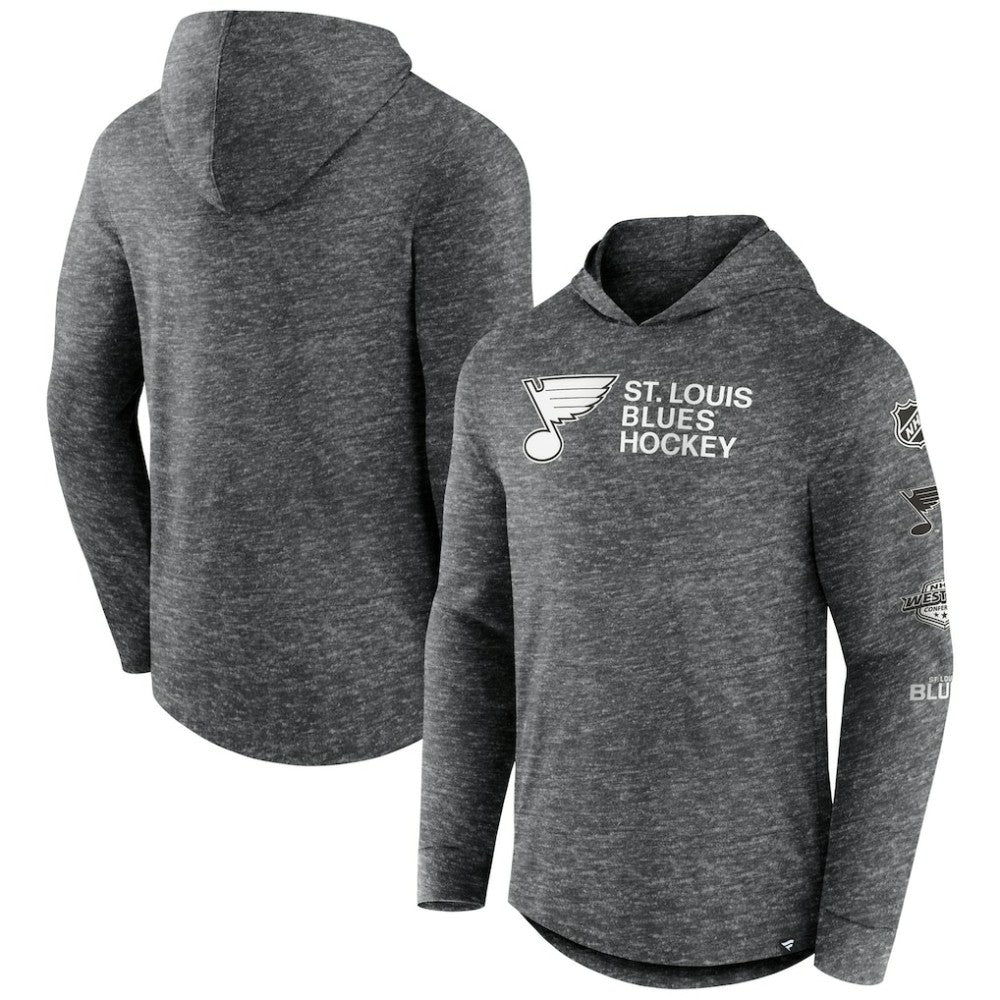 St. Louis Blues Fanatics Stacked Long Sleeve Hoodie T-Shirt - Heather Charcoal - NHL 5242319