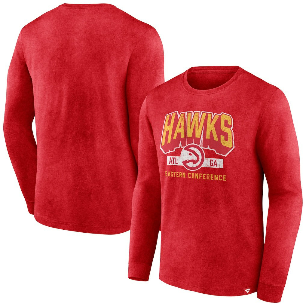 Atlanta Hawks Front Court Press Snow Wash Long Sleeve T-Shirt Heather Red | Fanatics Lifestyle