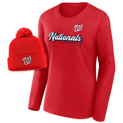 Washington Nationals Fanatics Women's Run The Bases Long Sleeve T-Shirt & Cuffed Knit Hat with Pom Combo Set - Red - Fanatics Lifestyle
